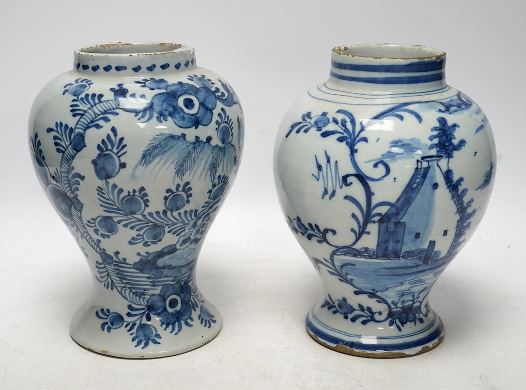 Two 18th century delft blue and white baluster vases, 18.5cm